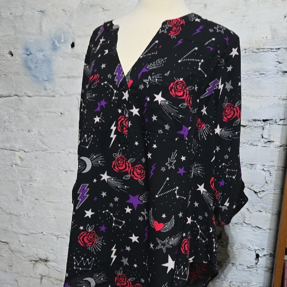 Torrid Black and Purple Celestial Rose Harper Blouse